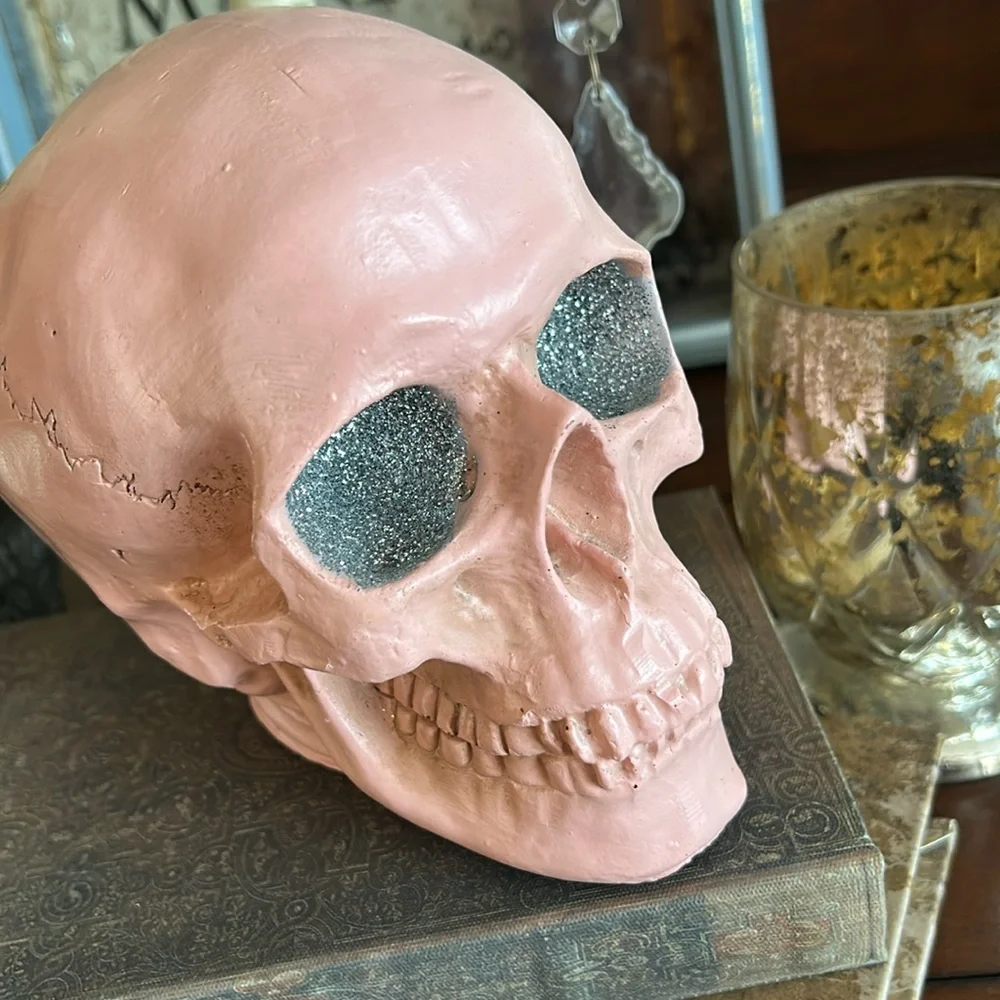 Halloween Gothic Glam Pink Skull Decor with Glitter Eyes